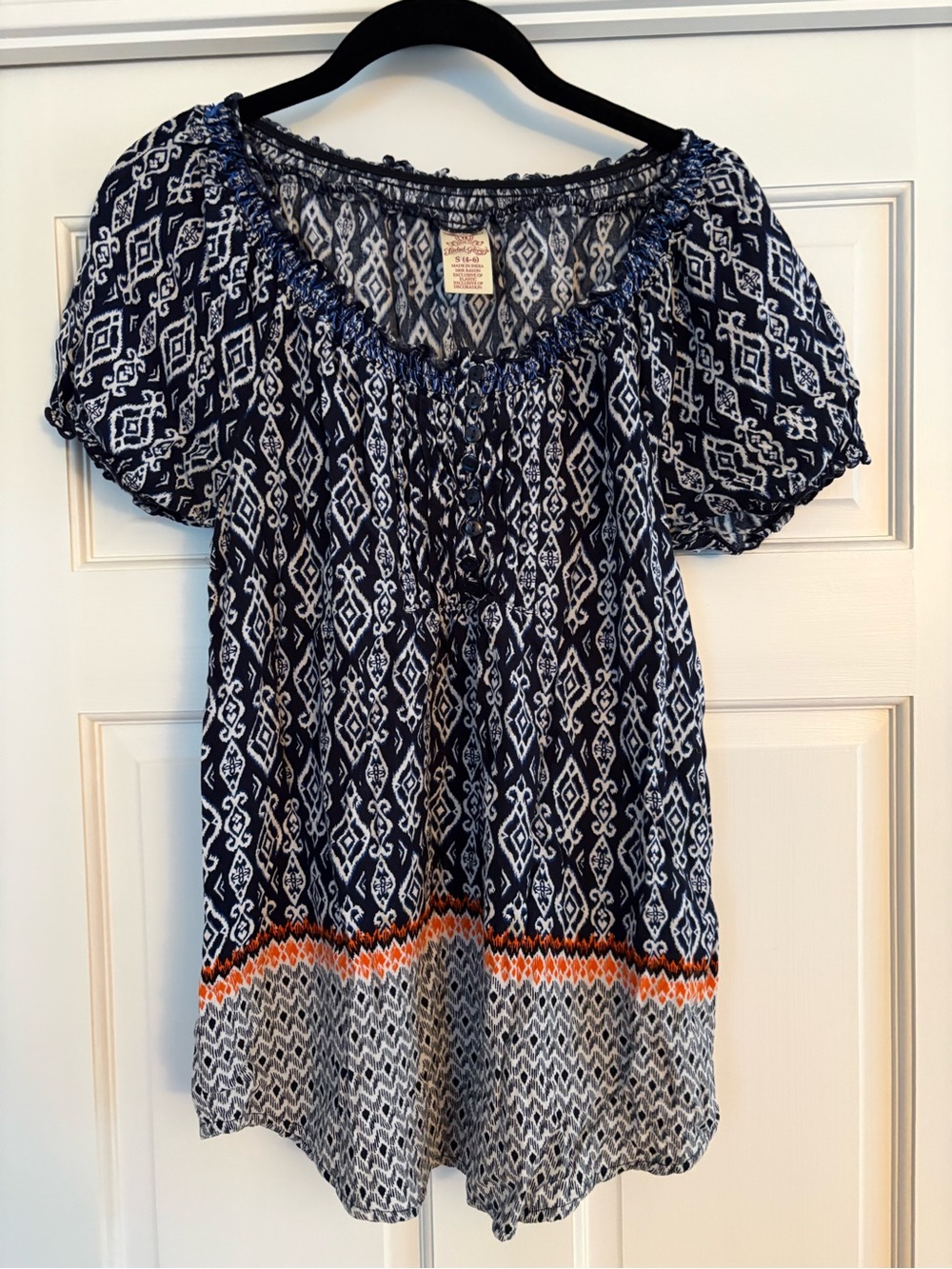 Faded Glory Navy & White Patterned Peasant Top with Orange Trim